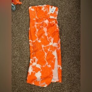 Elegant Orange Floral Strapless Dress